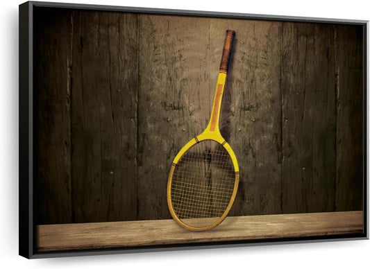 ElephantStock Vintage Tennis Racket Wall Art - Horizontal Framed Canvas - 1-Piece Living Room Wall Decor - Photography Sports Canvas Print - Brown and Black Decor for Wall - 13" X 9"