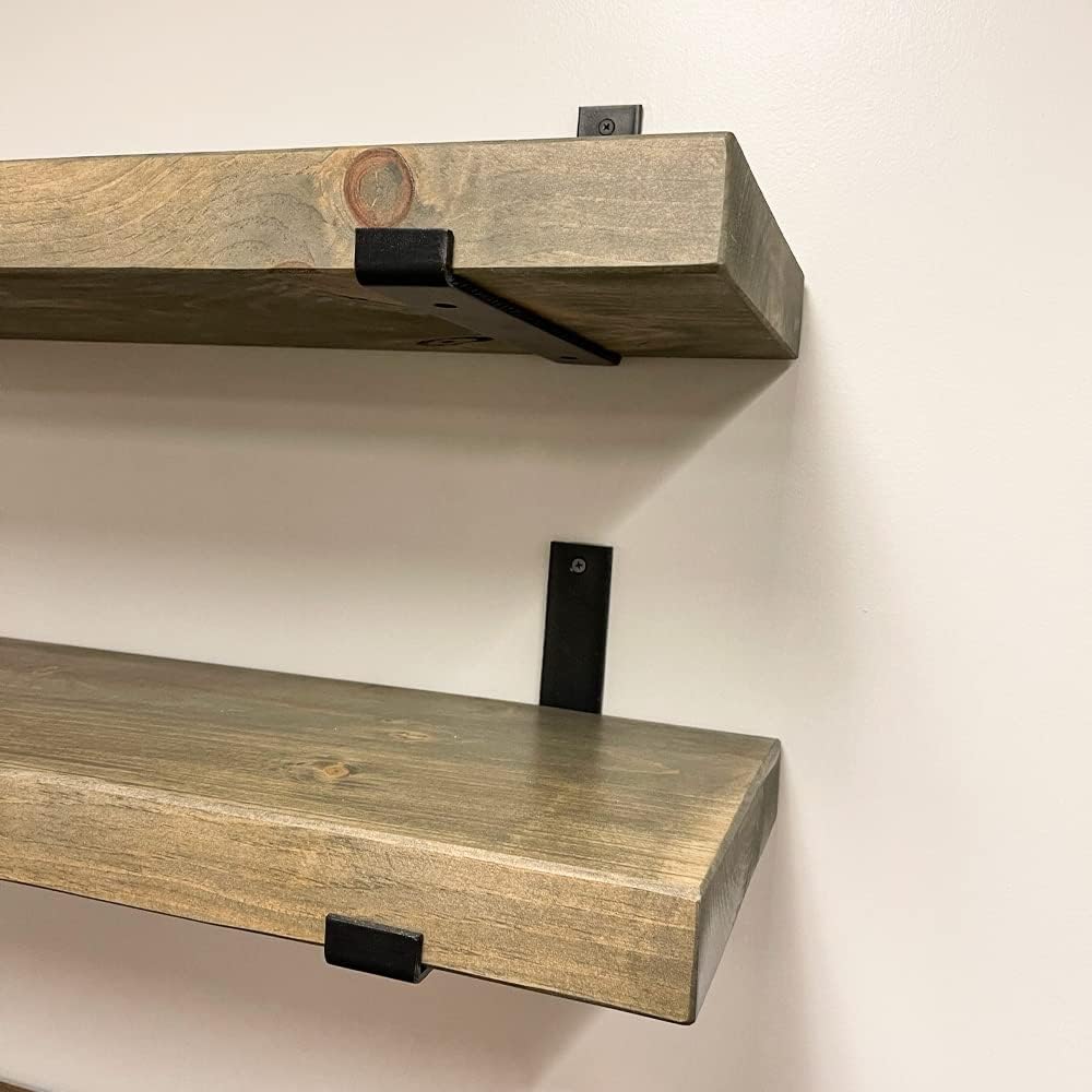 Rustic Shelves with J-Brackets Set of 2, Industrial Shelf, Kitchen Shelves, Solid Wood, Decorative Wall Storage, Heavy Duty, URBANDI (Grey, 12Wx12D)