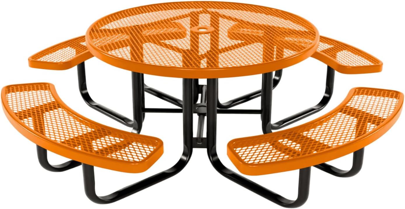 Heavy-Duty Portable Outdoor Kids Table with Umbrella Hole, Expanded Metal Kids Picnic Table, Commercial-Grade, Made in America (46 in, Round, Childrens, Textured Orange)