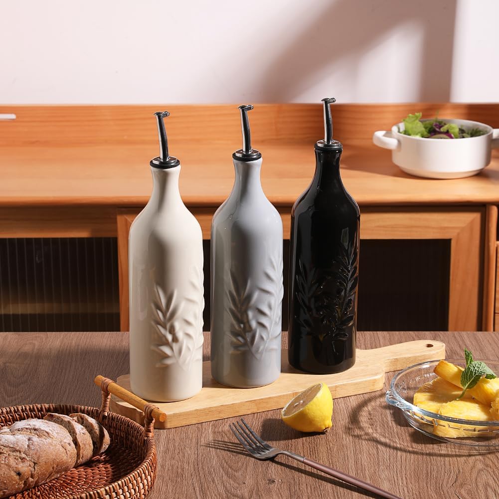Sweejar Large Ceramic Olive Oil Dispenser Bottle, 24 Oz Relief Opaque Oil Cruet Protects Oil To Reduce Oxidation, Storage Vinegar, Soy Sauce, Coffee Syrup, Liquids, Set of 1 (Black)