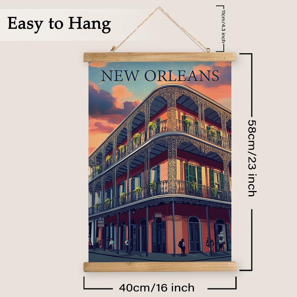 WREVERW Vintage New Orleans Poster Canvas Print with Wooden Hanger Frame, Featuring French Quarter Architecture and Iconic Iron Balconies, Wall Art for Home and Office Decor, 16x23 inches