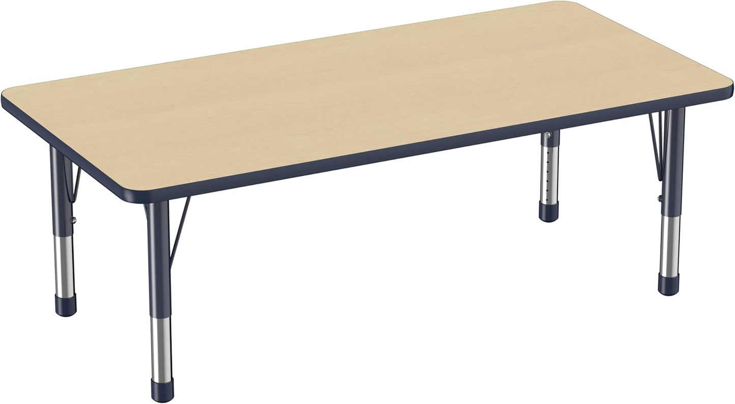 FDP Rectangle Activity School and Classroom Kids Table (30 x 60 inch), Toddler Legs, Adjustable Height 15-24 inches - Maple Top and Navy Edge