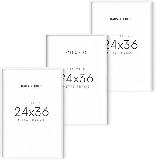 HAUS AND HUES 24x36 White Metal Picture Frames - Features Premium Aluminum, Vertical & Horizontal Hang, Shatterproof Plexiglass - Perfect for Home, Room, Office (24x36 in, White, Set of 3)