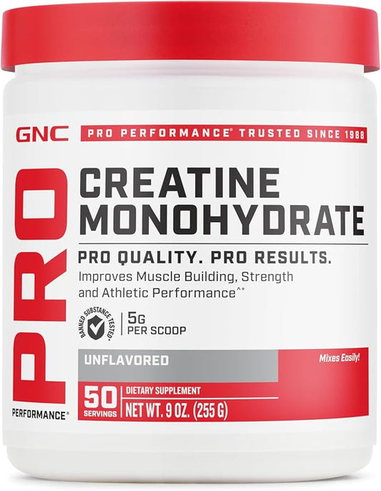 GNC Pro Performance Creatine Monohydrate Powder | Science-Backed | Improves Muscle Building, Strength and Athletic Performance | Banned Substance Free | 50 Servings