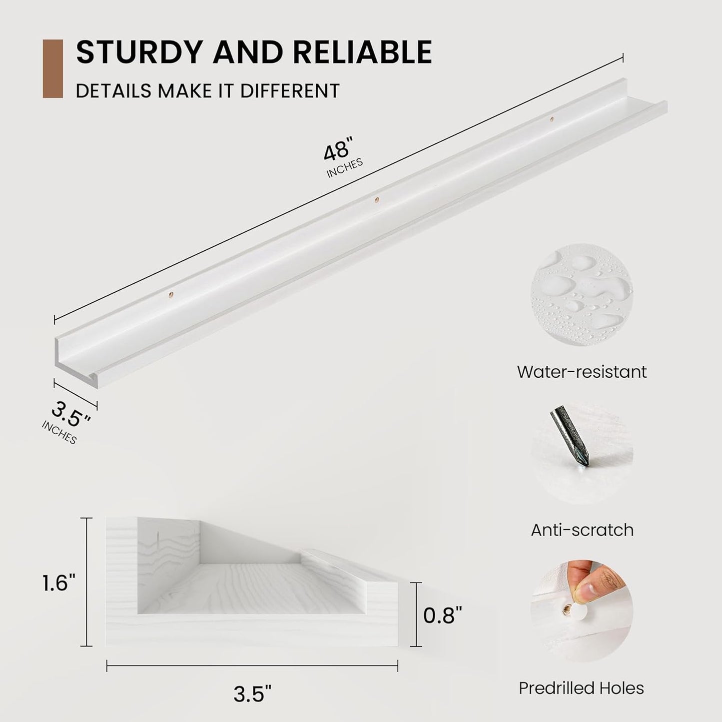 Picture Ledge Shelf, Solid Pine Wood Floating Shelves Set of 2, 48 Inches Nursery Book Shelves for Toys Storage, Kids Bookshelf Wall Mounted for Living Room Bedroom Decor Books Photo Frames, White