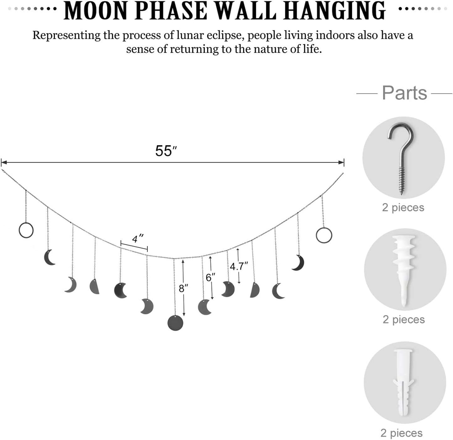 Mkono Moon Phase Wall Hanging Boho Aesthetic Room Decor Metal Moons Garland Hanging Art Bohemian Home Decoration for Girls Room Nursery Bedroom Livingroom Dorm, Ideal, Black, 55"
