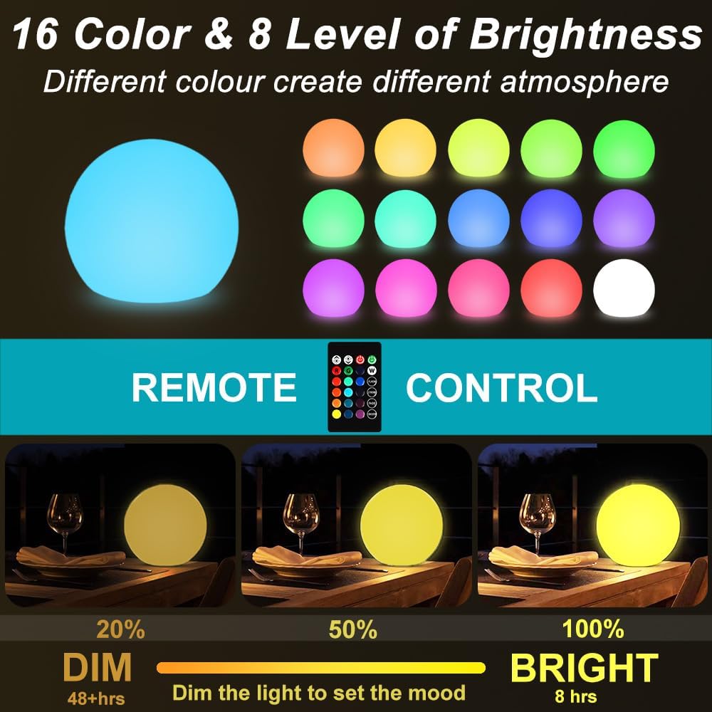 10-in Solar Globe Light, Solar Garden Ball Light Outdoor w/Remote, 16 RGB Color 4 Modes Glowing Ball, Waterproof Smart Light Sensor Control Outdoor Orb Lamp w/Ground Stake for Pathway Patio Yard Party