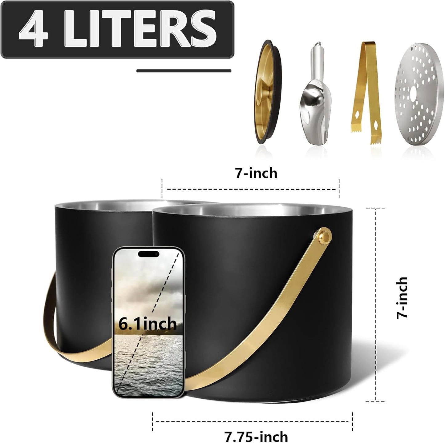 4L Ice Bucket with Silicone Lid, Scoop, Gold Tongs & Strainer, Stainless Steel Double Wall Insulated Ice Buckets for Parties & Cocktail Bar Outdoor Champagne Ice Container Bin, Black