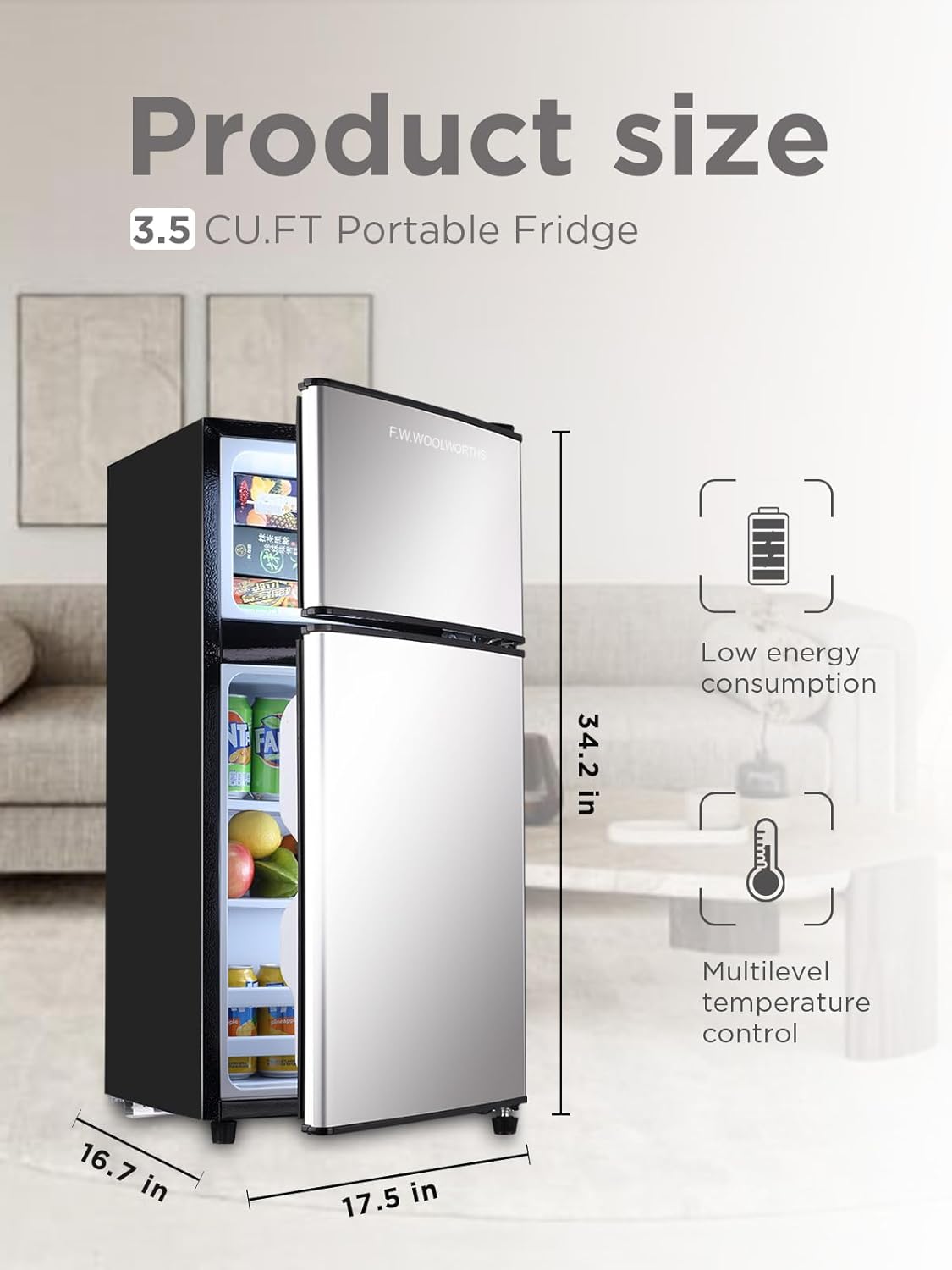 Compact Refrigerator with Freezer, 3.5 cu ft Countertop Mini Fridge with Adjustable Mechanical Thermostat, Retro Compact Fridge for Office, Bedroom, Dorm or Cabin, Silver