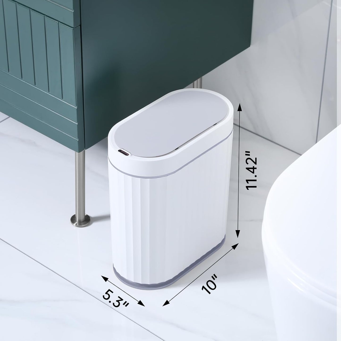 ELPHECO Bathroom Motion Sensor Trash can 2 Gallon Automatic Garbage Can, Slim Plastic Smart Trash Can with Lid, Commercial Intelligent Trash Bin for Bedroom, Bathroom, Office, White with Grey Trim
