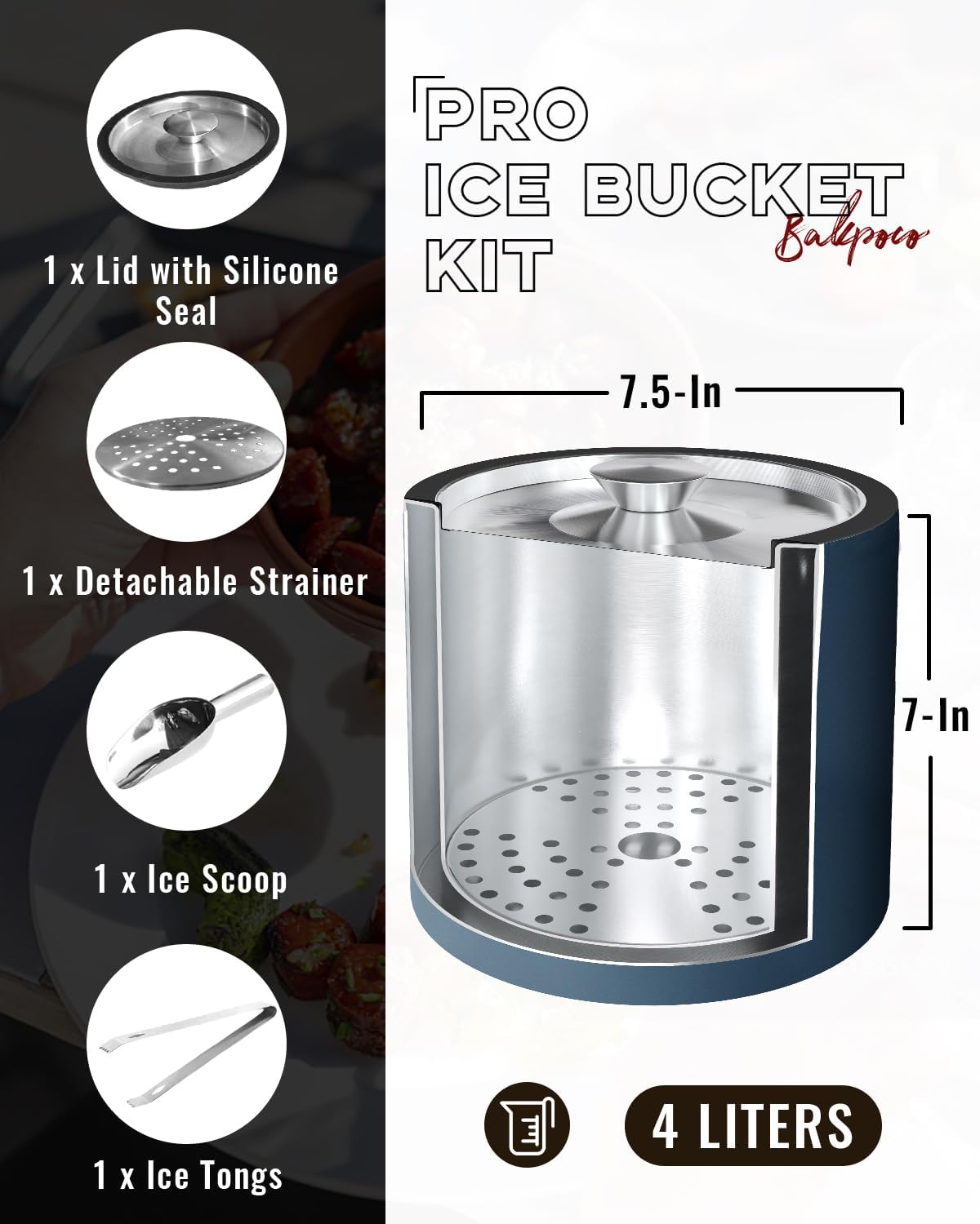 4L Ice Bucket with Silicone Lid, Scoop, Tongs & Strainer, Stainless Steel Double Wall Insulated Ice Buckets for Parties & Cocktail Bar, Outdoor Champagne Ice Container Bin, Navy