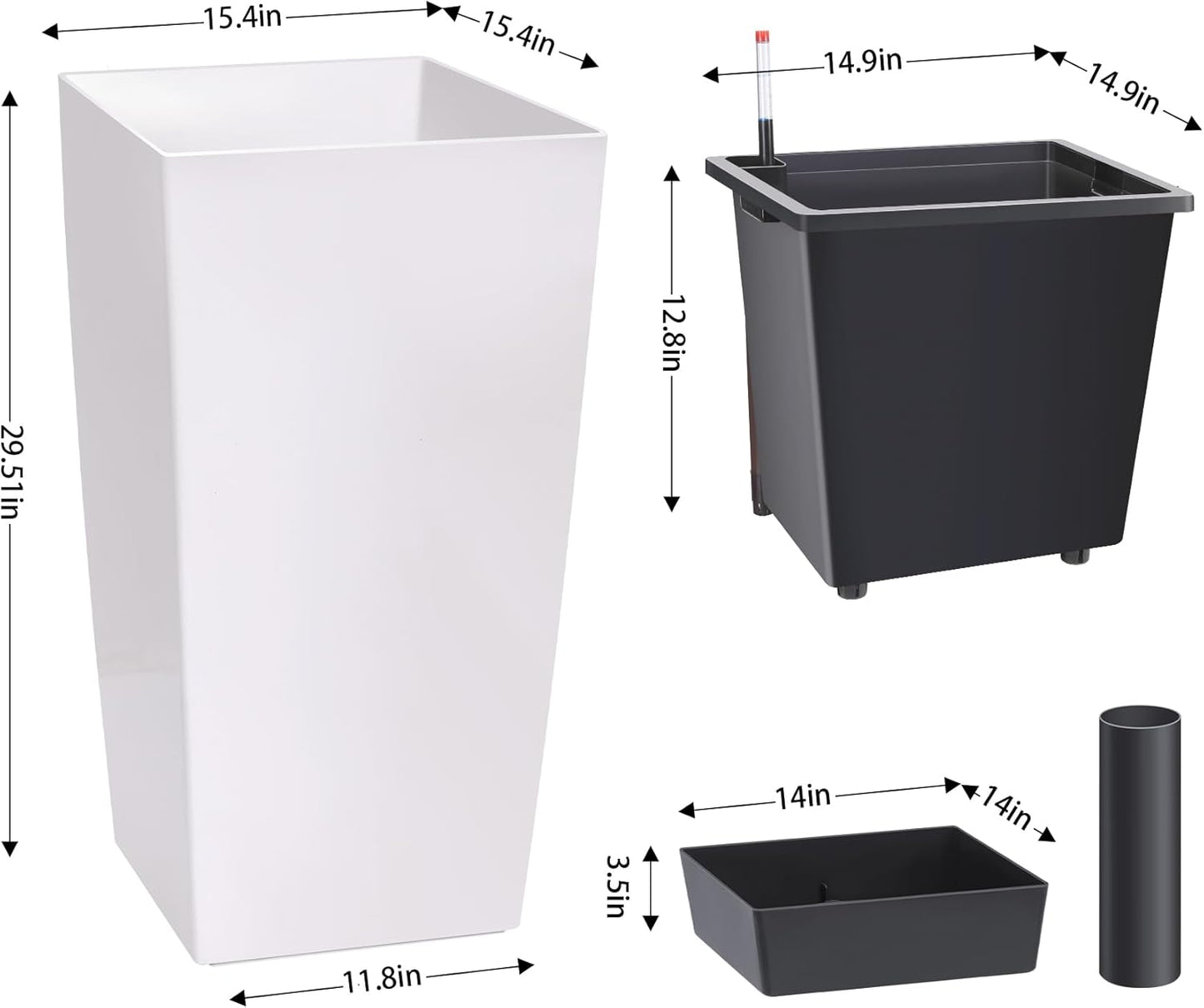 30" Tall Planters Set of 2, Outdoor＆Indoor Black Planter Pots, High Front Porch Planter Pots with Drainage Holes＆Water Level Monitor Movable Wheels ＆Inner Bucket, Automatic Watering, White