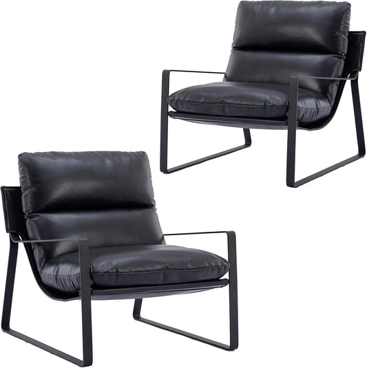 DUOMAY Mid-Century Accent Chair Armchair Set of 2, Comfy PU Leather Leisure Chair Lazy Chair with Metal Leg for Living Room Bedroom Office Apartment, Black