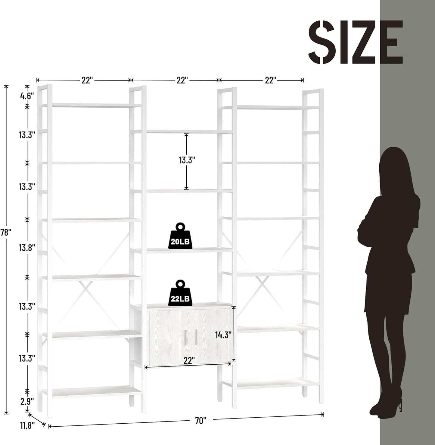 70x78 “ Triple 6 Tier Book Shelf, Industrial Large Bookcase with Storage Cabinet, Tall Bookshelf with 16 Open Display Shelves Metal Frame Furniture for Living Room Bedroom Home Office White