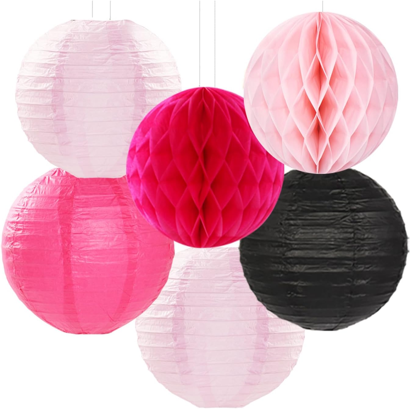 Hot-Pink Black Birthday Party-Decorations Streamers Lanterns - 14pcs Baby Girl Paper Honeycomb Fan,Tissue Pom Poms, Graduation Engagement Bachelorette Backdrop Decor Ouruola