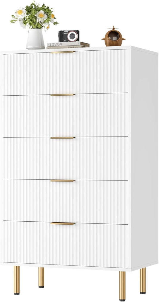 Fluted Wood Dresser 5 Drawers Dresser for Bedroom, Modern White Tall Dressers with Gold Handle, Wood Drawer Organizer for Bedroom, Living Room, Hallway, Entryway