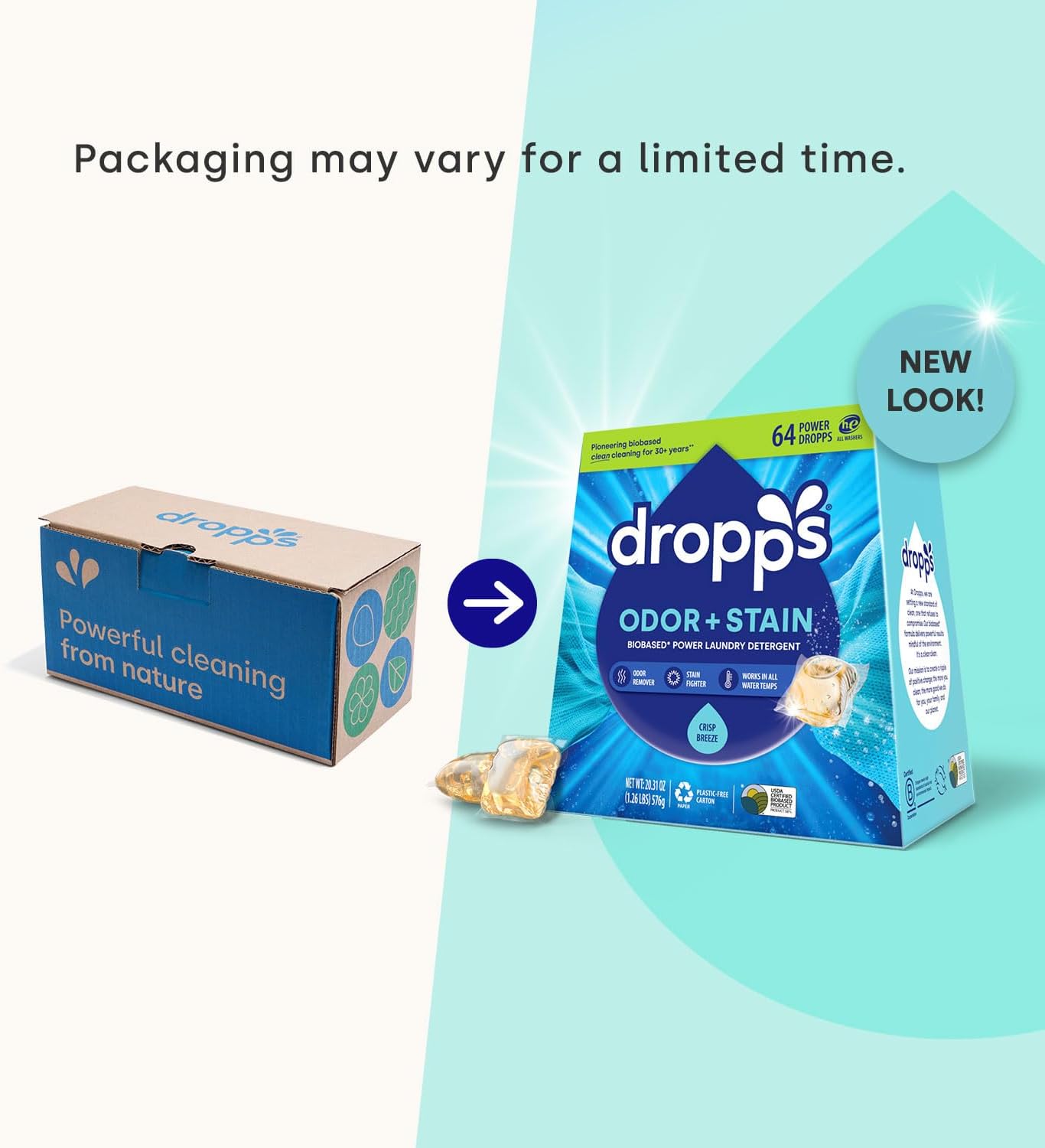 Dropps Odor & Stain Biobased Power Laundry Detergent Pods, Crisp Breeze (140 Pods) - HE Compatible Laundry Pods for Fresh Clothes - Laundry Soap Supplies & Recyclable Paperboard Packaging