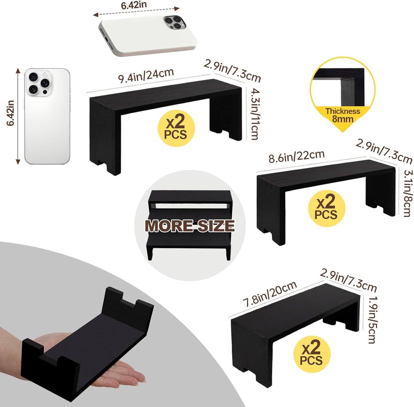 Display Wood Risers Wooden Stand 3 Tier Black Wood Racks Decorative Rectangular, 2 Set 6 Piece Cupcake Stands Cologne Perfume Organizer Dessert Showcase(Black)