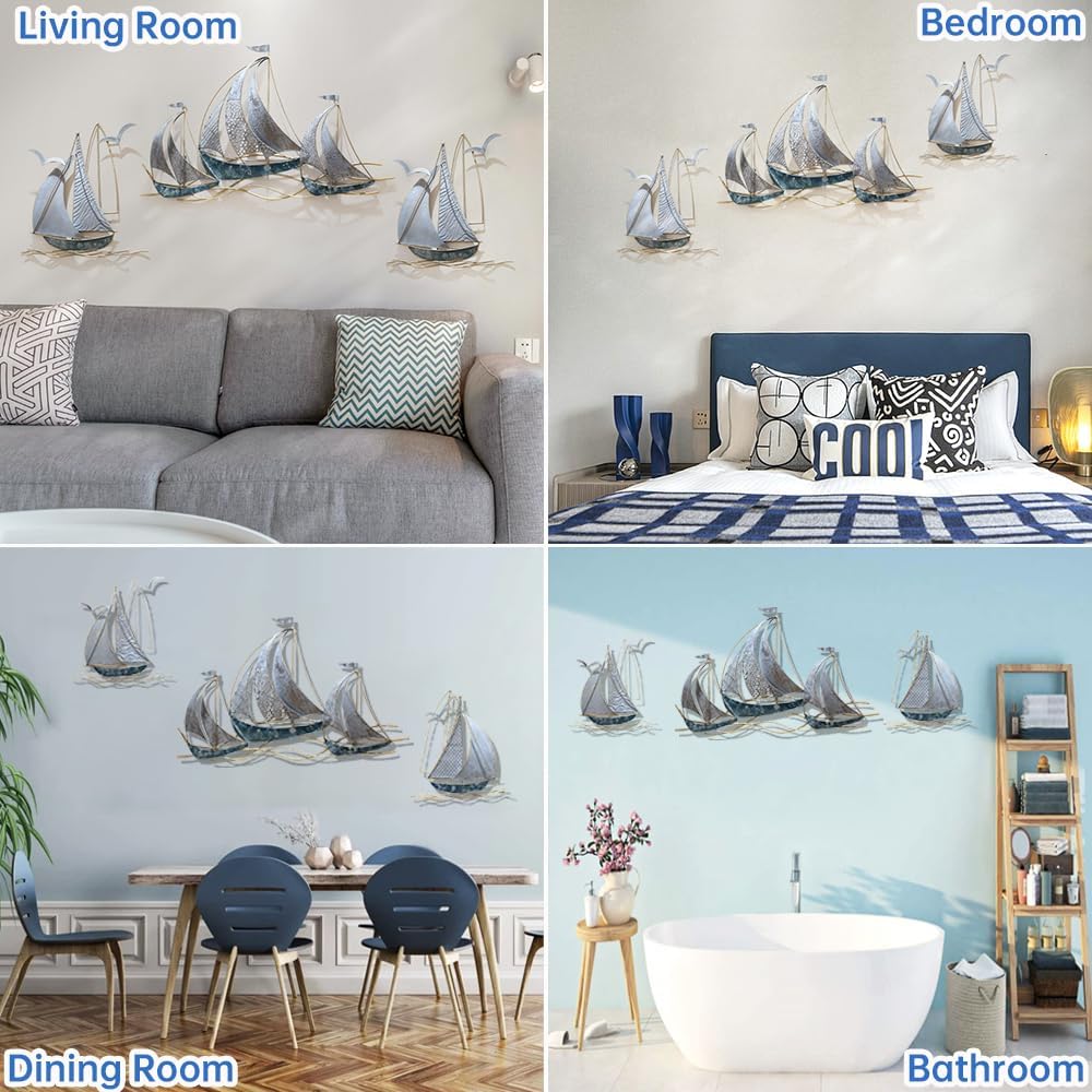 AIYIOUWE Metal Sailboat Wall Art, 3D Nautical Ship Large Metal Wall Art Decor, Coastal Boat Wall Hanging Sculptures Beach Artwork for Living Room Outdoor Bedroom