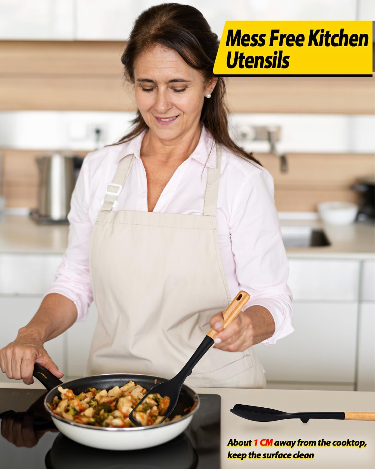 Pack of 4 Silicone Kitchen Utensils Set, Non Stick Solid Spatulas and Heat Resistant Slotted Spoons with Wooden Handle, Ideal BPA Free Cooking Utensils for Mixing,Serving,Turning,Stirring(BLACK)