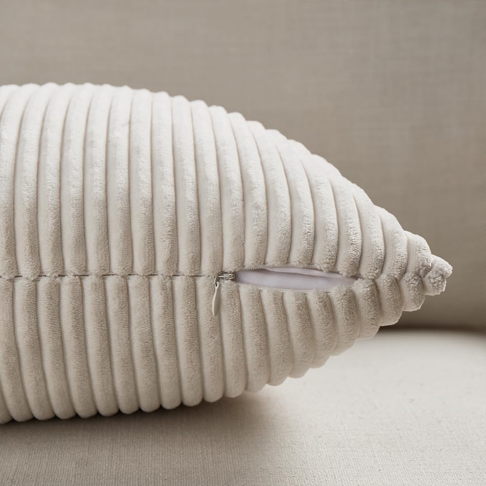 Fancy Homi 2 Packs Cream Lumbar Decorative Throw Pillow Covers 14x24 Inch for Living Room Couch Bed Sofa, Rustic Farmhouse Boho Home Decor, Soft Striped Corduroy Rectangle Accent Cushion Case 35x60 cm