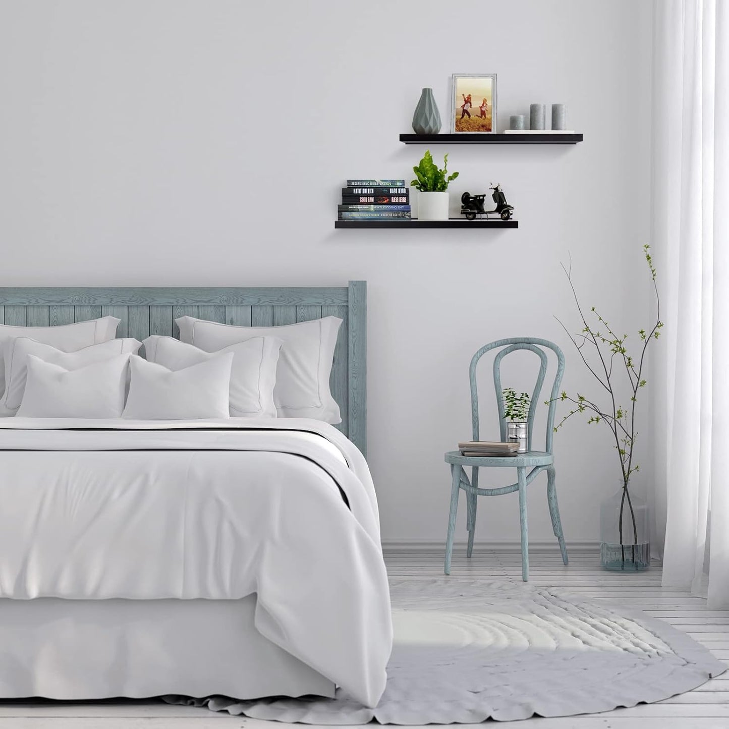 Meangood Floating Shelves Black 17 inch Wall Mounted Natural Bamboo Wood Wall Storage Shelves for Bedroom,Living Room,Bathroom, Kitchen（Set of 2）