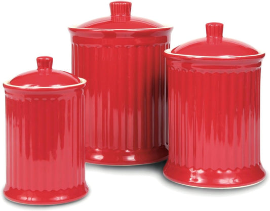 Omniware Simsbury 3-Piece Canister Set - Stoneware Kitchen Storage with Silicone-Sealed Lids, Lead-Free Glaze & Dishwasher Safe - Rustic Farmhouse-Style Flour & Sugar Containers (Red)