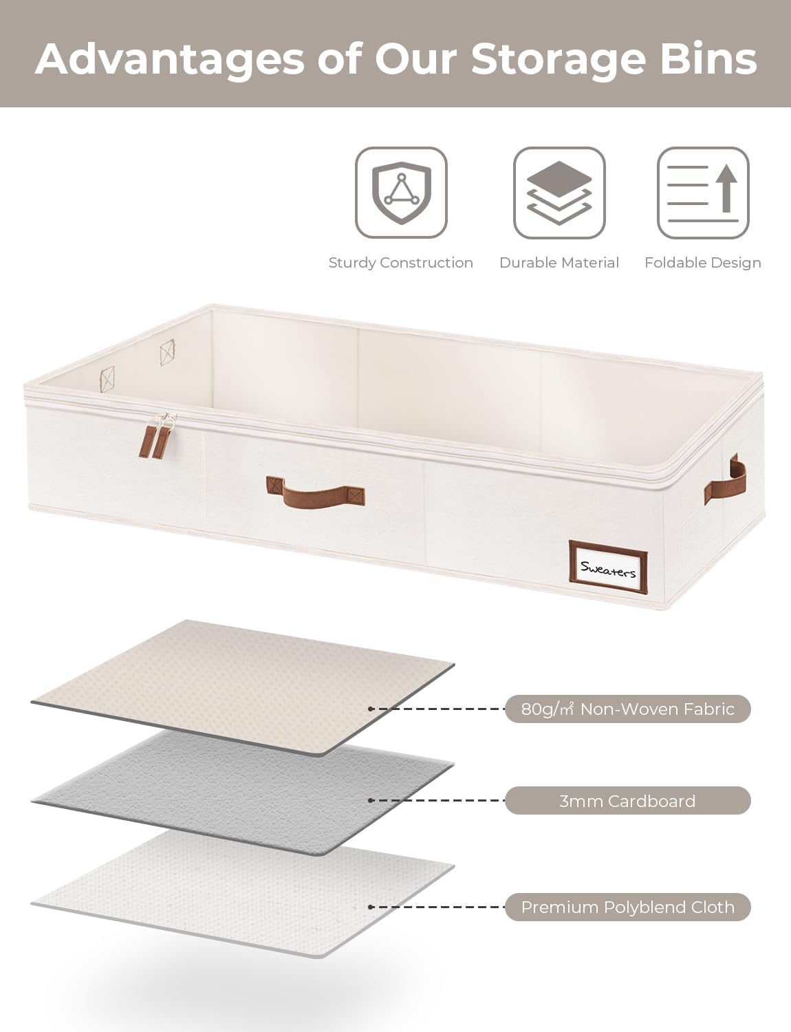 StorageWorks Large Under Bed Storage Containers with Handles and Label Holder, 2 Pack Ultra-thick Fabric Underbed Bins, Closet Organizer for Clothes, Blankets, Sweater