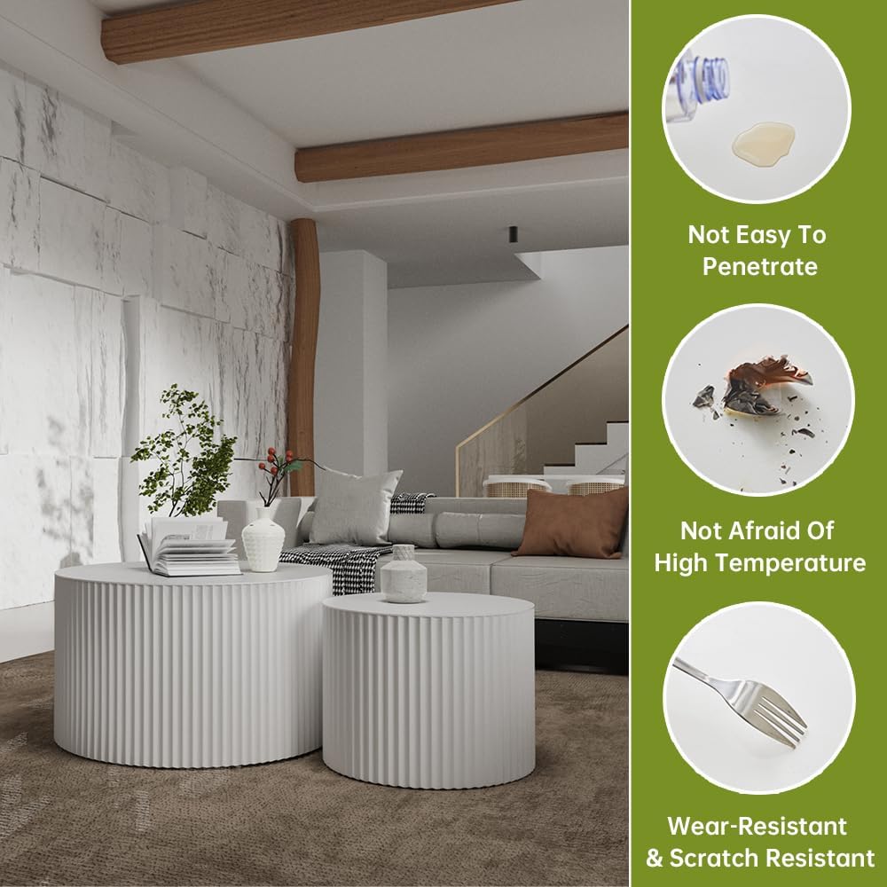 Round Nesting Coffee Table Modern White Fluted Coffee Table Set of 2 Stripe Cream Round Coffee Tables Circle Drum Coffee Tables Side Table Accent End Table for Living Room (White B Large)