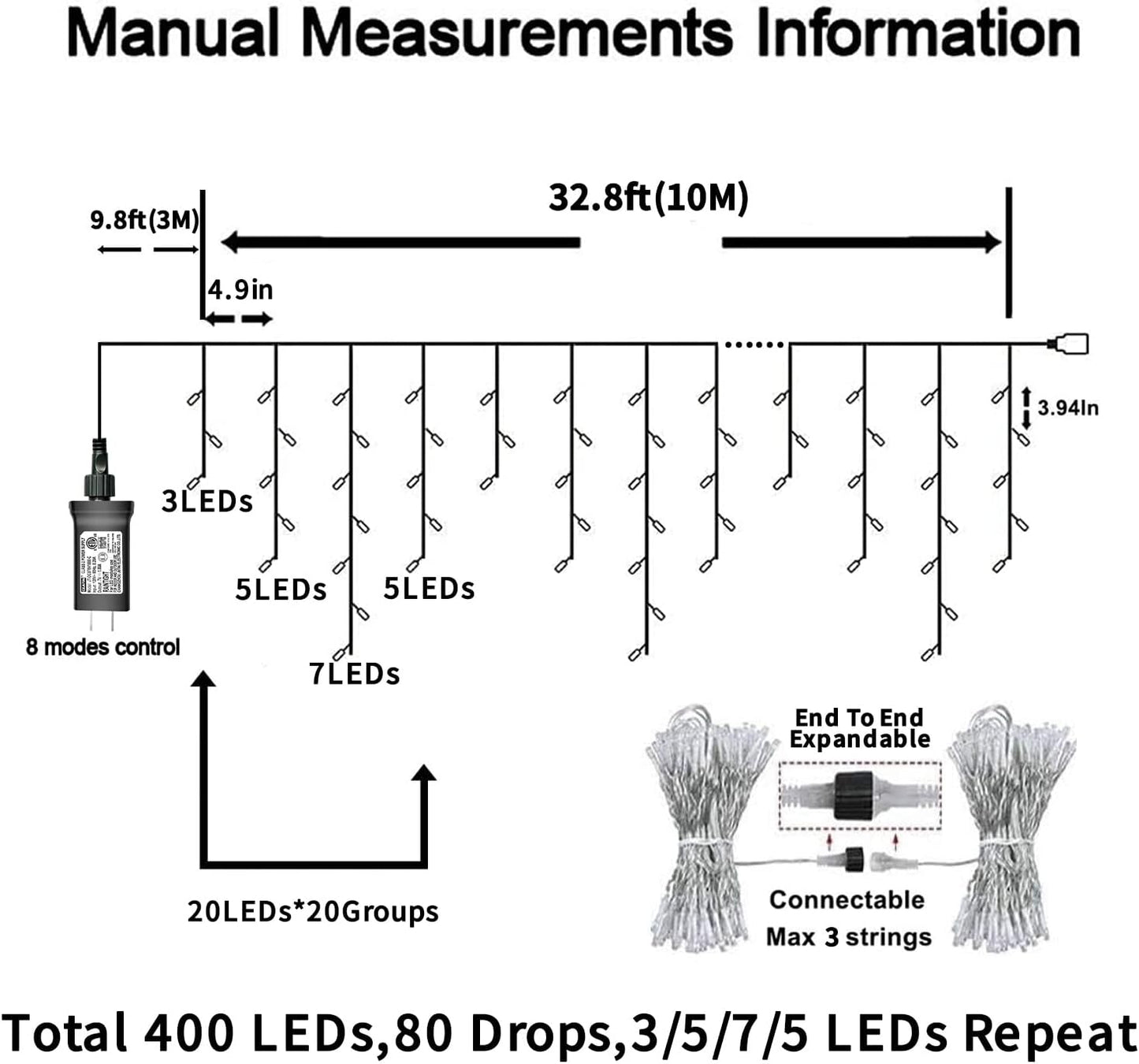 YEGUO 33ft 400 LED Icicle Lights Outdoor, 80 Drops Icicle Christmas Lights Connectable, 8 Modes White Icicle String Lights with Timer Memory Indoor