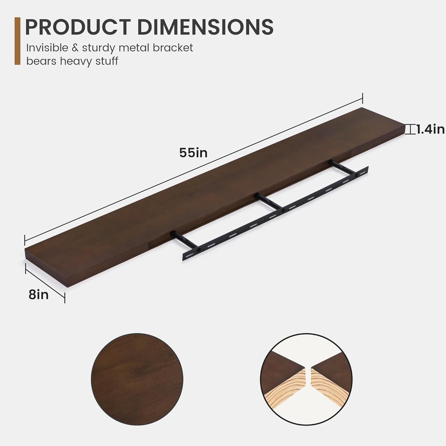 Floating Shelves 55 Inches Long - 8 Inch Deep Rustic Solid Pine Wood for Storage - Farmhouse Wall Mounted for Living Room - Heavy-Duty Metal Bracket - 55" W x 8" D - American Walnut Color