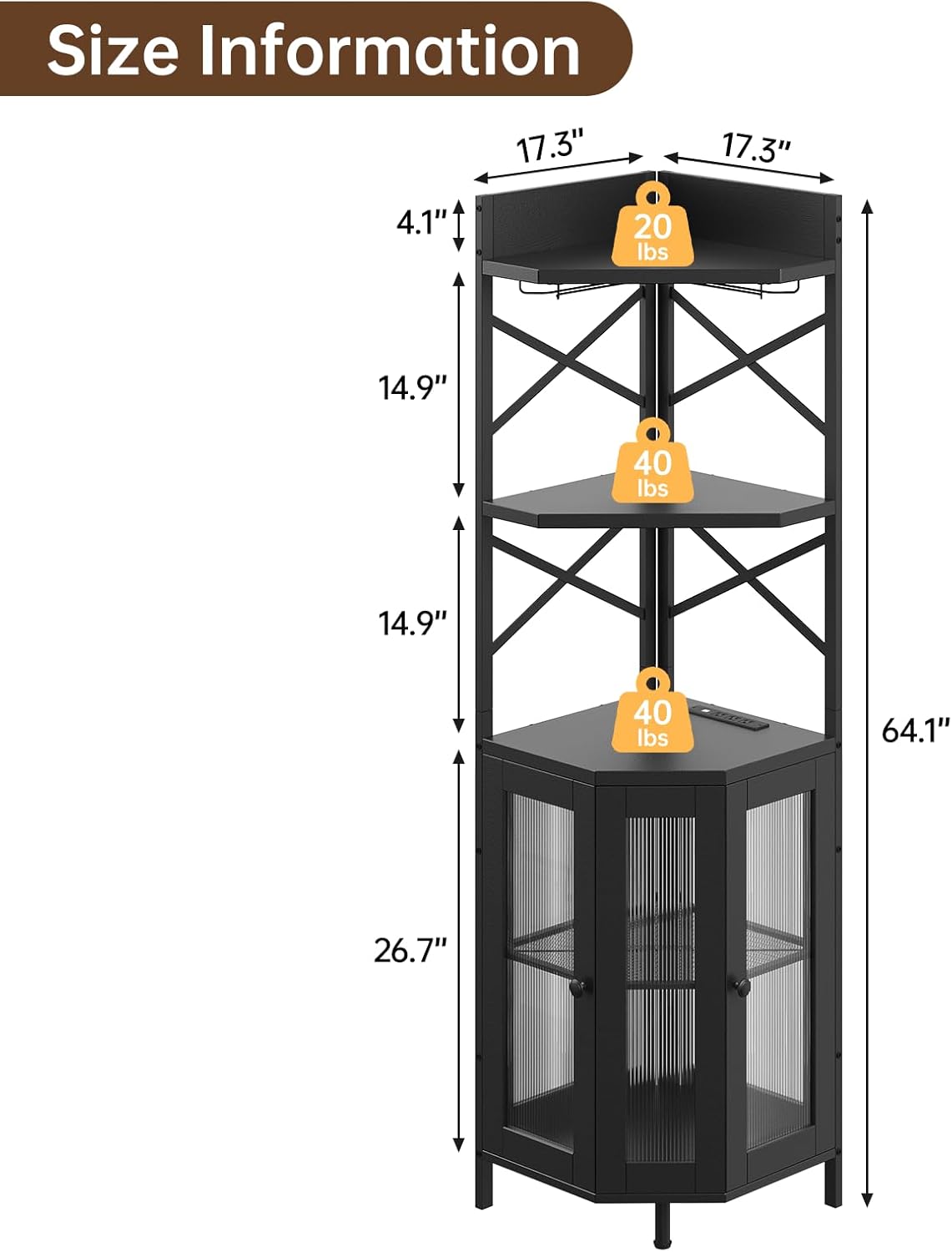 Corner Bar Cabinet with Power Outlet, 5-Tier Corner Wine Cabinet with Led Strip and Glass Holder, Industrial Tall Liquor Cabinet Bar Wine Rack for Home，Black