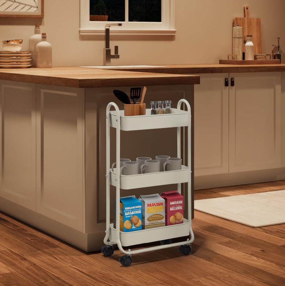 SunnyPoint Slim Rolling Storage Cart, 3 Tier Bathroom Storage Organizer Bathroom, Laundry Utility Cart (White)