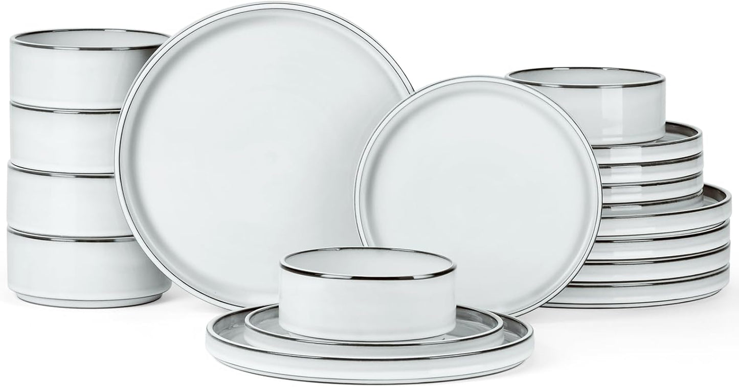 Onader Ceramic Dinnerware Sets for 6, Stoneware Plates and Bowls with Rustic Terracotta Bottom, Elegant Kitchen Dinner Dish Set, 18-Piece Dishware Tableware - Glacier White