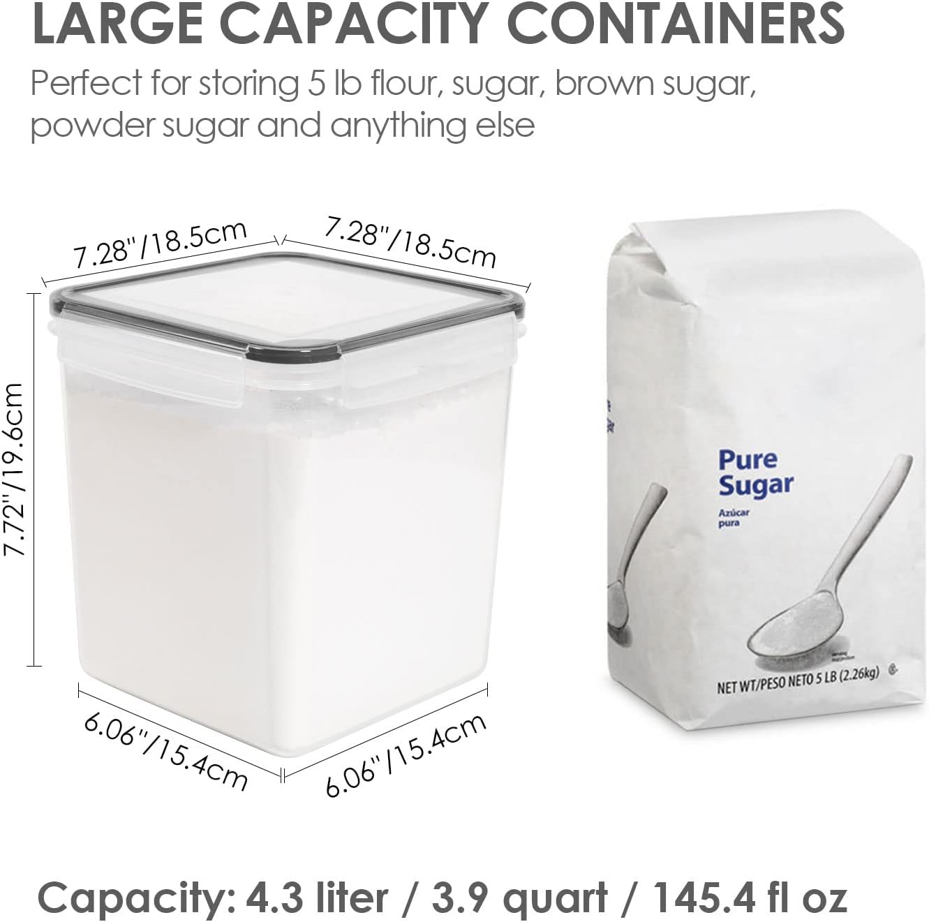 Vtopmart Food Storage Containers 4.3L / 145.4oz, 4 Pieces BPA Free Plastic Airtight Canister for Flour, Sugar, Baking Supplies, with 4 Measuring Cups and 24 Labels, Black