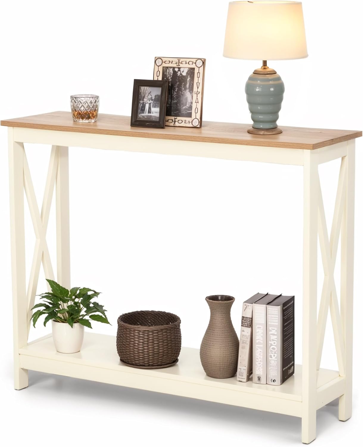 ALPHA HOME Console Table for Entryway, 2 Tier Storage Shelf Farmhouse Entryway Table, X-Shaped Design Narrow Sofa Table for Hallway, Living Room, Ivory