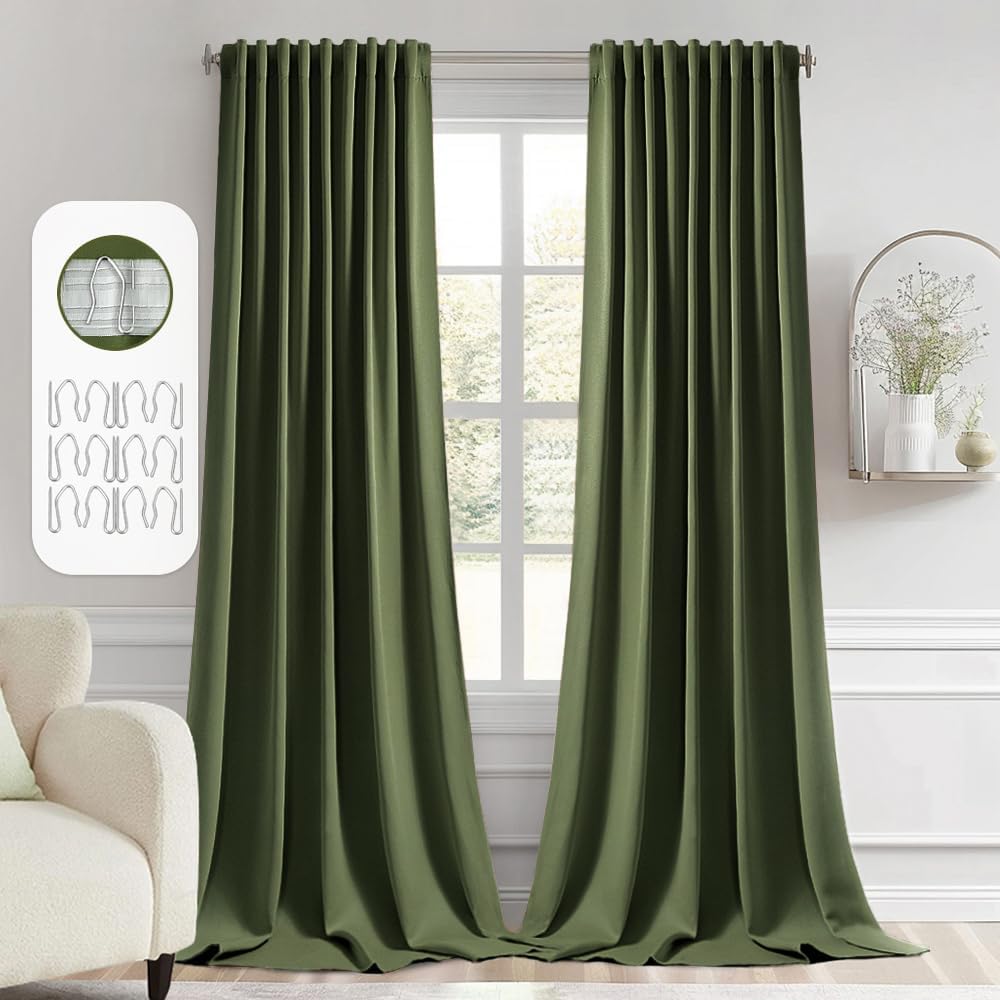 MIULEE Olive Green Back Tab Blackout Curtains 108 Inch Long 2 Panels Set for Bedroom, Rod Pocket/Pinch Pleat Extra Long Thermal Insulated Living Room Darkening Pleated Light Blocking Drapes