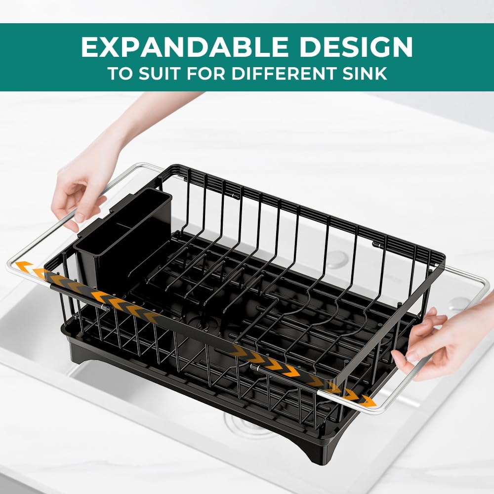 Expandable Dish Drying Rack in Sink, Adjustable Stainless Steel Rustproof Grip Handles Dish Rack Over The Sink, Dish Strainer with Drying Tray & Utensil Holder
