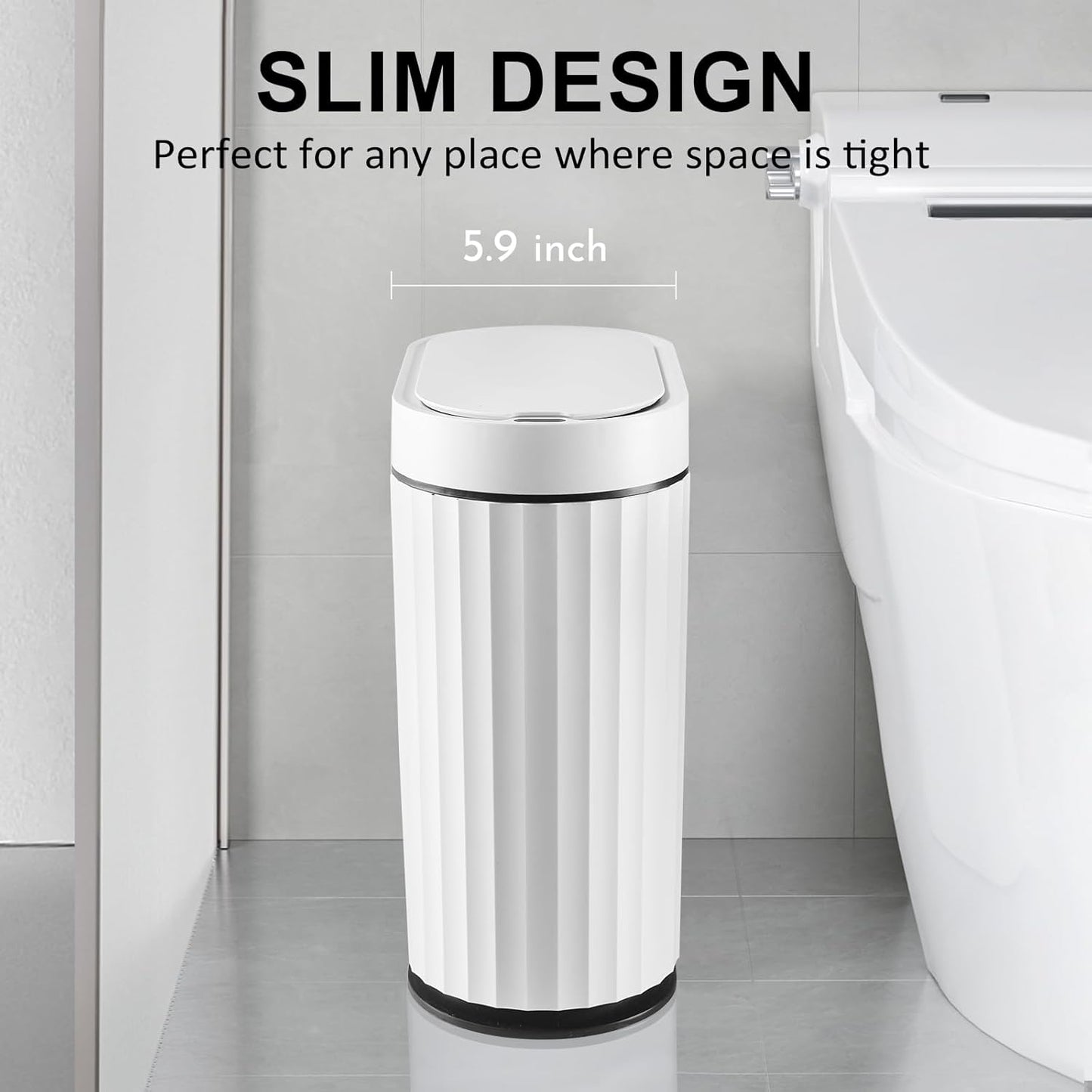 ELPHECO Bathroom Trash Can with Lid 2 Gallon Small Sensor Garbage Can, 9 Liter Slim Smart Trash Bin, Waterproof Automatic Wastebasket, Narrow Plastic Garbage Bin for Bathroom, Black and White