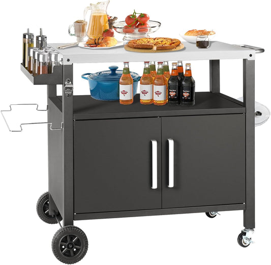 Grill Cart Table with Big Storage Cabinet, Movable Outdoor Dining Cart Pizza Oven Stand, Kitchen Cart Island Multifunction Food Prep Table Stainless Steel Surface