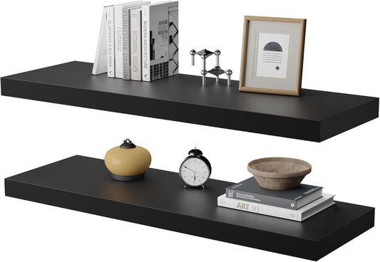 Large Floating Shelves for Wall Set of 2 Wooden Wall Shelves 30 in x 12.75 in x 2 inRoom Decor Long Shelf with Invisible Wall Mount Bracket for Bedroom Kitchen Living Room Black
