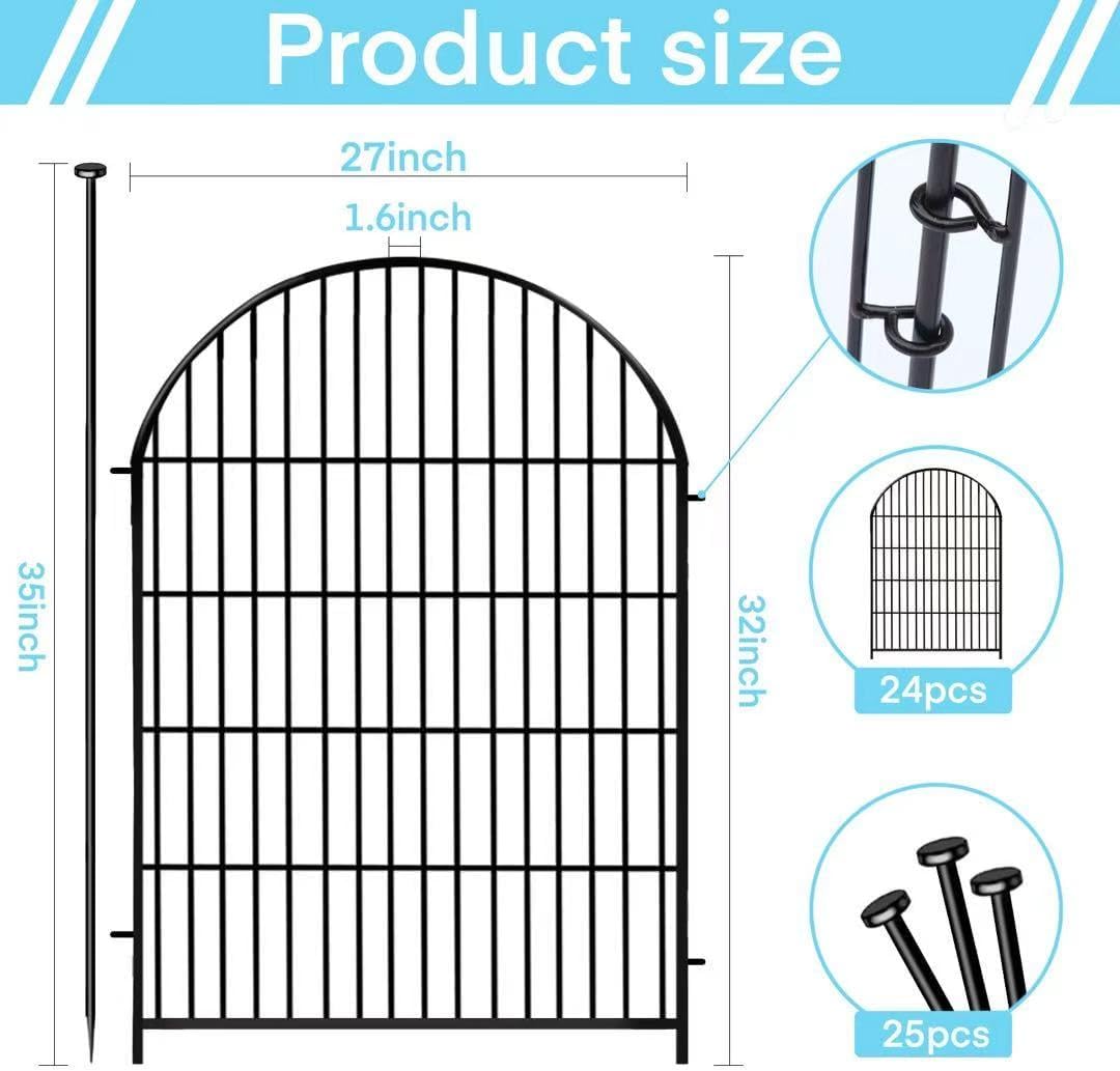 Garden Fencing Animal Barrier 24 Panels, 32 in(H) x 54 Ft(L) No Dig Fences for Dogs, Black Rustproof Metal Wire Garden Fence with Gate, Temporary Dog Fence for Patio Outdoor Yard