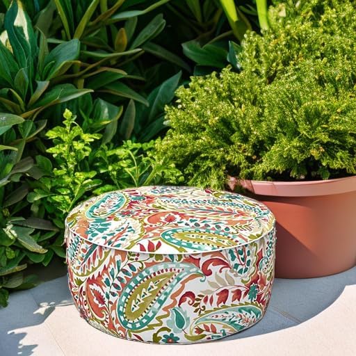 LVTXIII Inflatable Stool Ottoman Footrest with Handle, Decorative Fade-Resistant Foot Stool, Indoor or Outdoor Pouf for Home Patio Garden and Camping Use, D21 x W 21 x H9, Warm Paisley