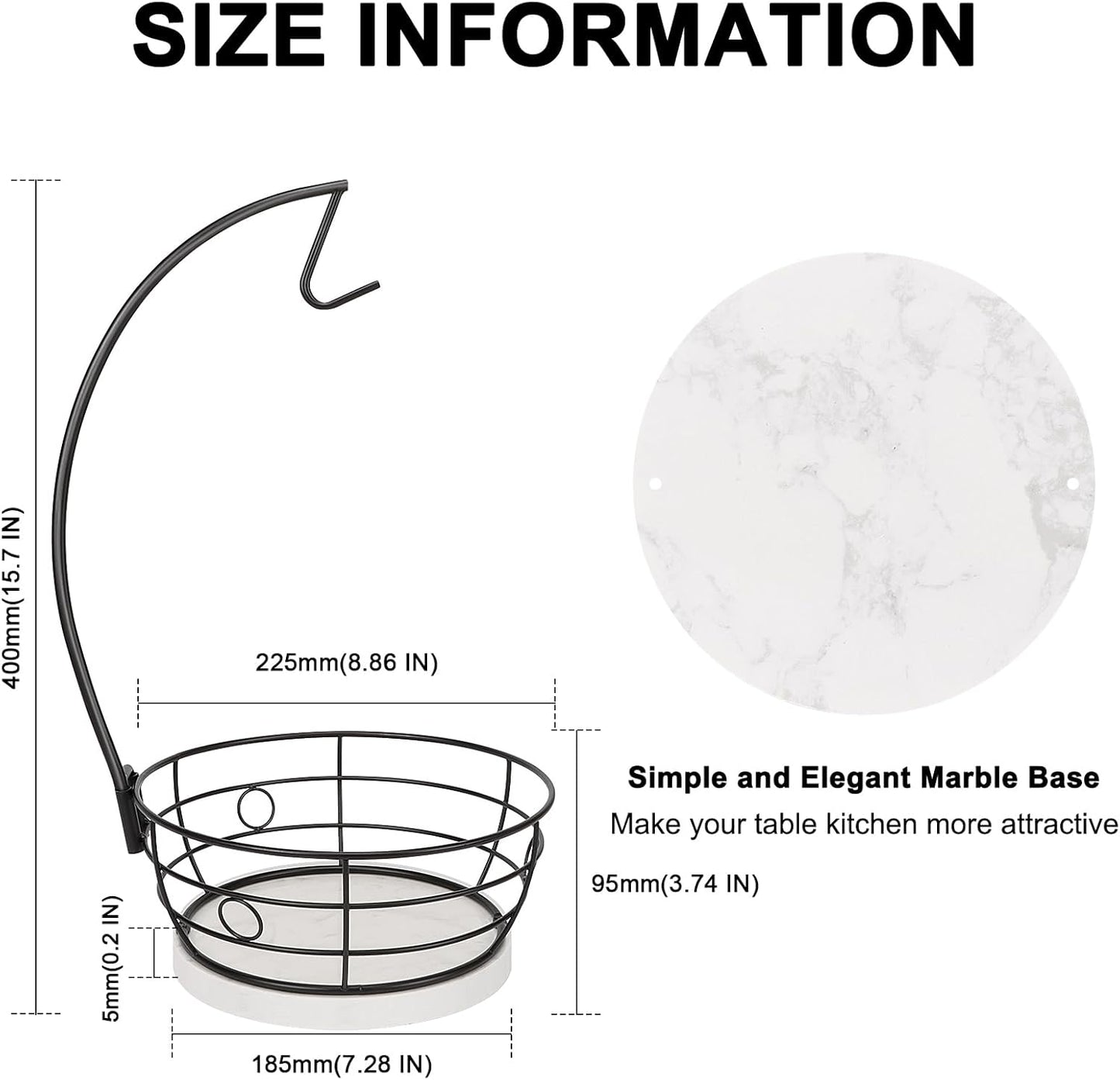 Livabber Countertop Fruit Basket Bowl with Banana Hanger, Modern Standing Fruit Vegetable Bowl Storage, with Banana Tree Holder for Kitchen Dinning Table (Round Marble, Black)