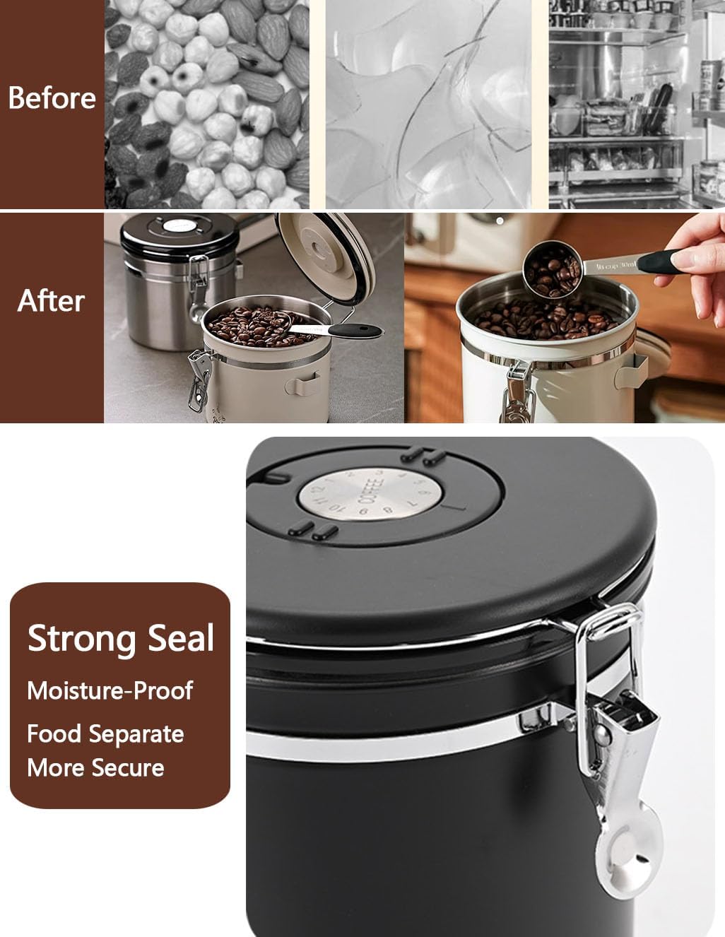 Coffee Canister Airtight Coffee Storage Container Stainless Steel Air Tight Coffee Jar with Scoop, Date Tracker and CO2 Release Valve for Beans, Ground, Tea, Flour, Cereal and Sugar (2pcs-Black-1.8L)