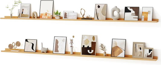 Floating Picture Ledge Shelves for Wall Set of 2, 95 Inches Picture Ledge Shelf with Long Large Nursery Book Shelf for Toys Storage Kids Bookshelf Wall Mounted Living Room Bedroom Decor Frames, Oak