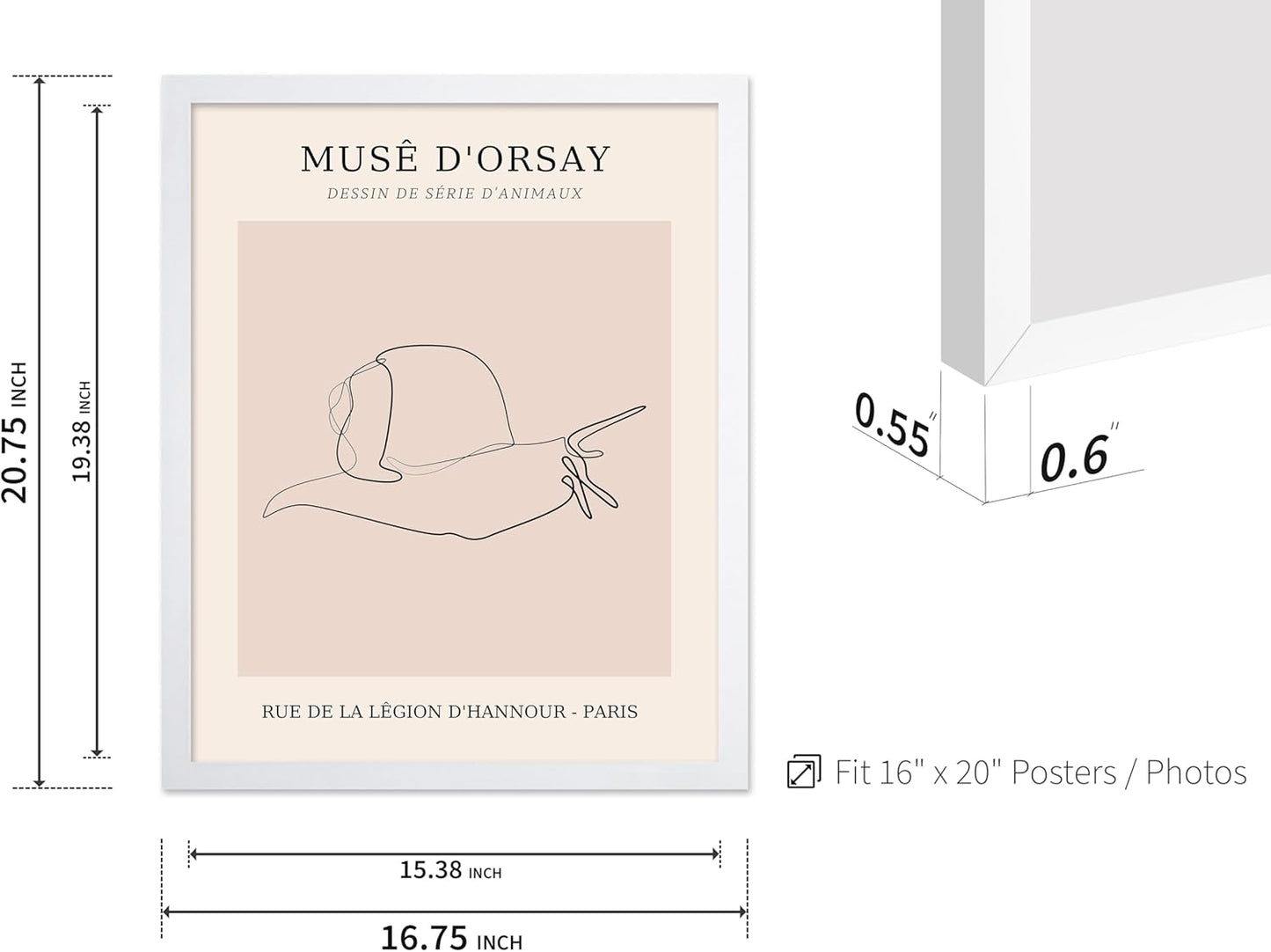 Poster Master Vintage Poster - Retro One Line Snail Drawing Print - Snail Line Art - Minimal Gift for Men, Women, Animal Lover - Abstract Wall Decor for Home, Office, 16x20 White Framed