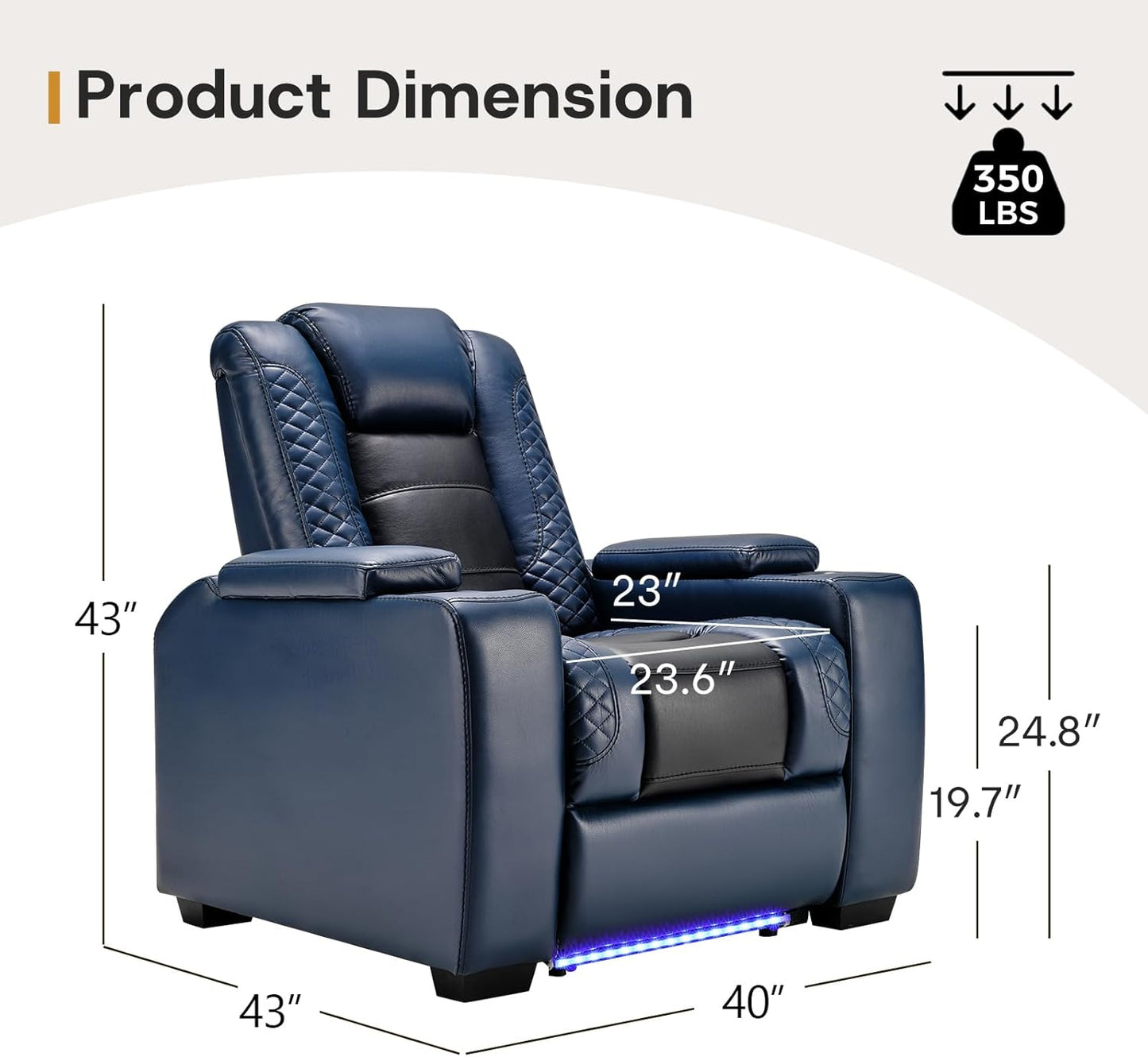 ANJ Power Home Theater Seating Set of 2, Blue Faux Leather Electric Recliner Chair with Powered Headrest, Dual Motors Movie Reclining Chairs with LED Lights,USB Port,Cup Holders, Hidden Arm Storage