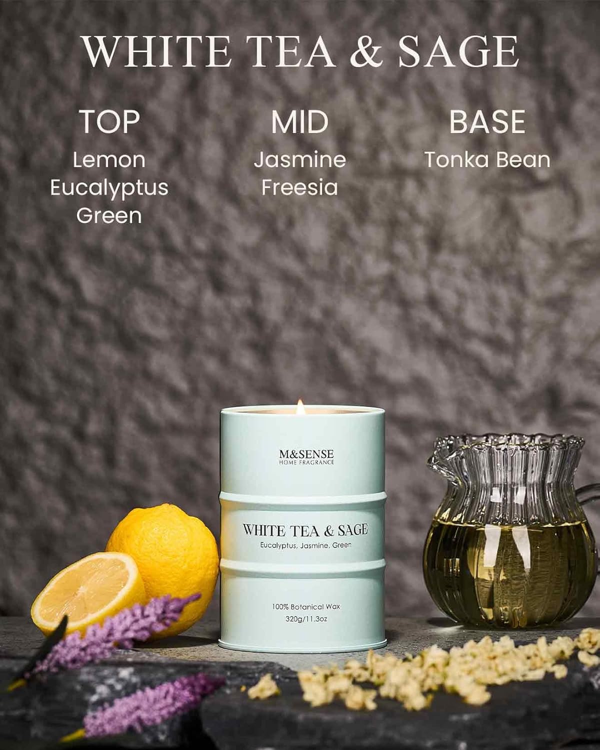 M&SENSE White Tea Sage Scented Candles Natural Non Toxic, Aromatherapy Candle for Stress Relief Meditation Relaxing, Housewarming Gifts for Women Men, 11.3oz 70 Hour Long Burning