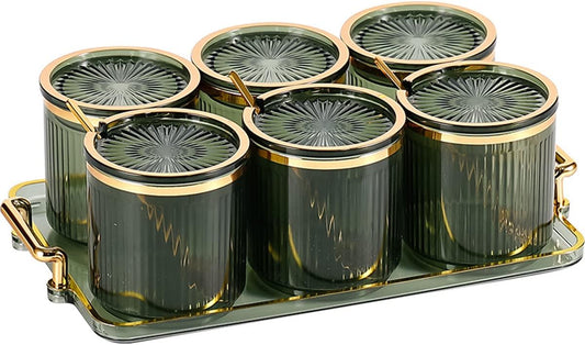 Acrylic Condiment Spice Jars,Condiment Spice Box With Lids and Spoons and Tray,Clear Plastic Condiment Canisters,Seasoning Box 6 Pack,Seasoning Box Set for Kitchen to Storage Salt,Paprika,Sugar